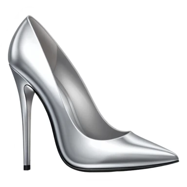 A pair of high heel shoes emoji made of polished silver chrome, elegant sharp silhouette, smooth metallic surface, glossy reflections, luxury sexy vibe, minimalistic iOS emoji style, centered, clean white background sticker