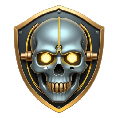 Cyberpunk shield, skull with cybernetic implants, glowing wires, dark electric silver and gold tones, no background sticker