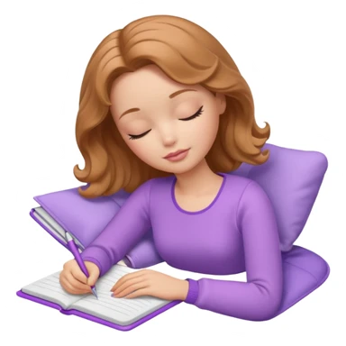 White Barbie girl Chestnut bob wavy hair sleeping with In lavender clothes, he writes in a notebook sticker