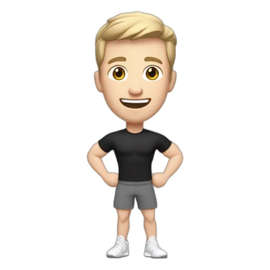 Joyful Celebrating victory Pale skinned Fit Man With the biceps and dark brown hair in black shirt, gray sports shorts and white Sneakers sticker