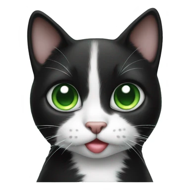 Realistic Black and white cat with green eyes holding a heart sticker