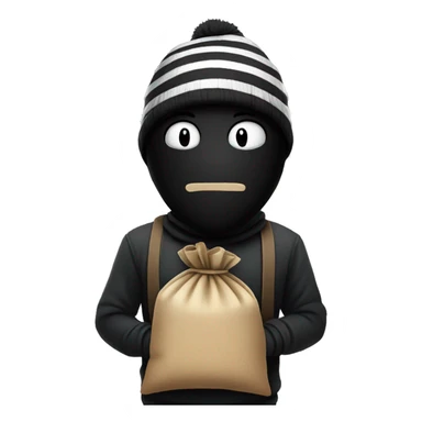 A cartoon figure in a black mask, striped shirt, and beanie, holding a tied sack with a sly expression sticker