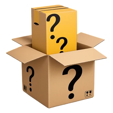 amazon box printed with q&a over stuffed with yellow question marks sticker