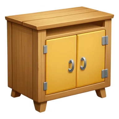 Compact emoji-style icon showing a small wooden cabinet with one door slightly open, a hammer resting beside it, and a plank of wood leaning in the background. Light brown wood tones, silver hammer head, yellow handle. Soft shadows, clean glossy look.  sticker