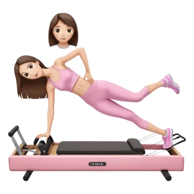 pretty skinny white brunette teen long hair with hazel eyes and a small waist in light pink workout clothes in a plank on a pilates reformer sticker