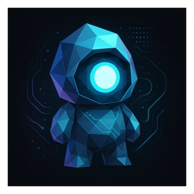 minimal abstract mascot with a single glowing eye, polygonal shapes and subtle holographic highlights, futuristic tech details like digital dots and flowing neon lines, neon blue cyan and purple palette on black, creative tech portfolio sticker