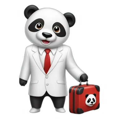 A man with white suit and red tie and a panda face eating a hotdog and holding a black suitcase sticker