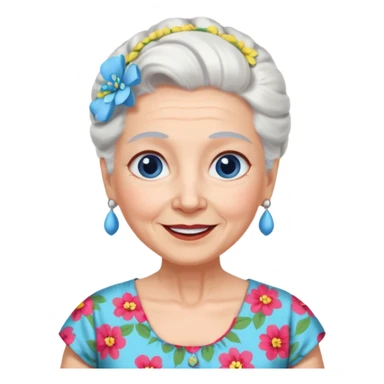 abuela con ojos azules, pelo blanco, pelo blanco y amarrado, aspecto feliz sticker
