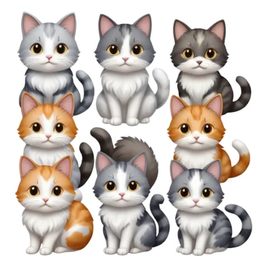 6 realistic looking cats with different natural coloured coats, assorted grey and white, greys, calico, brown and white colours etc
 sticker