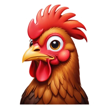 Cinematic Cute Brown Rooster Portrait Emoji, Head tilted playfully and inquisitively, featuring a glossy, immaculate brown plumage with a vibrant red comb, round, sparkling warm eyes filled with curiosity, Simplified yet irresistibly adorable features, highly detailed, glowing with a warm, friendly glow, high shine, affectionate and spirited, stylized with a touch of farmyard whimsy, bright and endearing, soft glowing outline, capturing the essence of a mischievous yet loving rooster, so playful it feels like it could strut out of the screen and into your arms! sticker