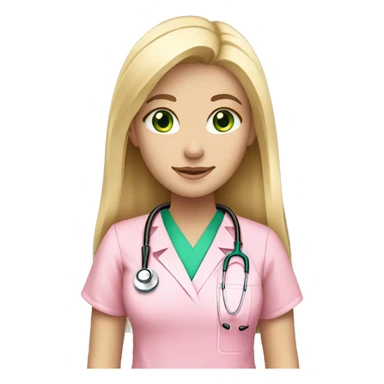 pale blonde girl with long hair and green eyes wearing pink scrubs and stethoscope  sticker