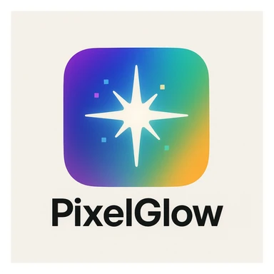 Futuristic logo for PixelGlow: rounded square with a radiant aurora gradient (purple, blue, cyan, green, orange). Centered custom 8-point starburst sparkle, bold and minimal, with soft glow and subtle shadow for depth. Playful, creative, tech-inspired, with tiny pixel hints. White or off-white background for contrast. sticker