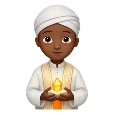 Personnage 3D mignon en style Pixar, un petit garçon portant un qamis blanc et un kufi, tenant un tapis de prière, entouré de lanternes brillantes, fond doux, couleurs chaudes, garçon teint noir sticker