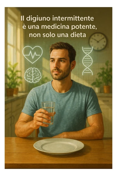 A realistic, cinematic illustration of a healthy, calm man in his early 30s sitting in a bright kitchen in the morning, with an empty plate in front of him and a glass of water in his hand, looking serene and focused. Behind him, the background shows subtle symbols of health: green plants, sunlight streaming in, and a blurred wall clock showing 10:00, symbolizing the fasting window. Above the man, a translucent overlay of medical icons (heart, brain, DNA strand) glows softly, illustrating that intermittent fasting acts as a powerful medicine, not merely a diet. The color palette is fresh and natural, emphasizing health, clarity, and focus. The style is realistic with slight cinematic tones, conveying that the man is using intermittent fasting as a tool for cellular regeneration, inflammation reduction, and health optimization rather than weight loss in italiano sticker