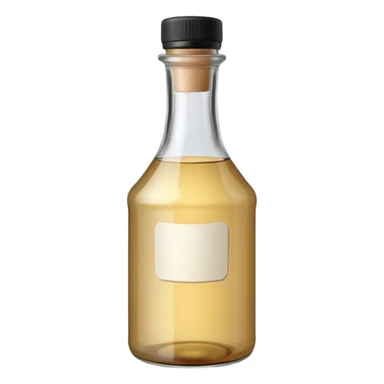 simple bottle of vinegar, upright, glass or plastic, clear or pale liquid, narrow neck, metallic or black cap, blank label optional, soft shimmer, 3D-rendered, minimal, no faces, transparent background sticker