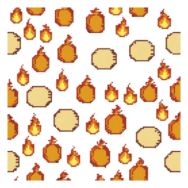 Bomberman right-facing end-cap explosion tile, flames ending and tapering rightward with pronounced flame wisps, orange/yellow with more red at the tips, extending about 70% into right direction sticker