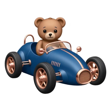 dark blue and rosegold-accented  retro racing car driven by a small evil scary teddy bear with rear spoiler, roll cage, and wheely bar sticker