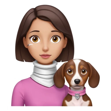 a brunette girl, olive skin, hazel eyes, pink top, neck brace on her neck because she’s injured , piebald dachshund next to her only brown and white sticker
