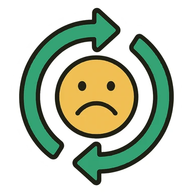 turnover arrows forming a circle with a frowning face in the center, minimalistic, green gold and white color scheme, clean lines, no background sticker
