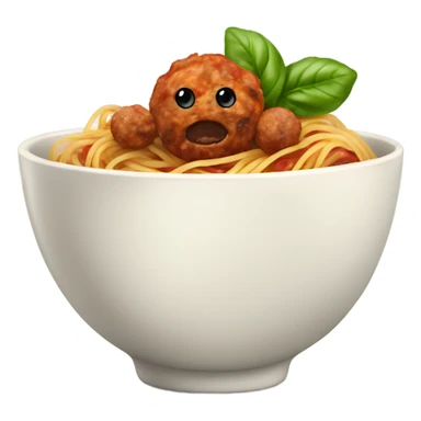 spaghetti with meatballs in a bowl with basil sticker