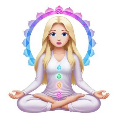 A cinematic realistic blonde with long hair, blue eyes, pink lips in white clothes meditates, her chakras glow sticker