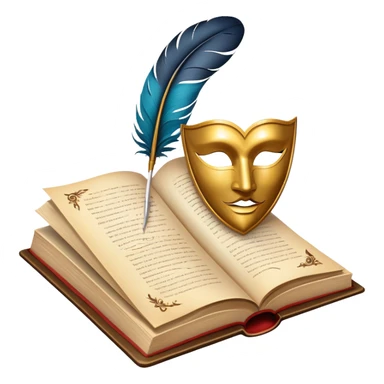 An icon featuring an open book with flowing pages, a feather quill, and classic literary symbols like a theater mask and inkwell. The design includes a subtle parchment background with faint text lines, symbolizing the study of literature. Transparent background emphasizes creativity and analysis. sticker