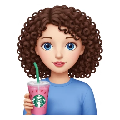 make an emoji of a curly brunette blue eye girl wearing light pink drinking a strawberry acai refresher from starbucks sticker