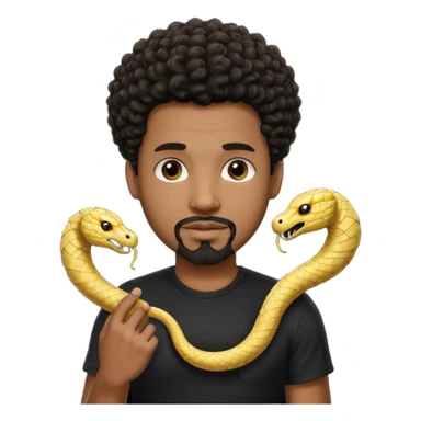 Homme noir de peau,  yeux marron avec un bouc pas de  moustache, cheveux noir court et bouclé crépus avec un dégradé sur le côté, avec un cobra à côté , t-shirt noir  sticker