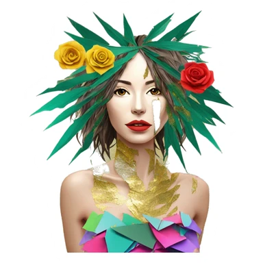  Hemp 420 lady face melting gold drizzle kintsugi multicoloured funky palm leaves tropical made of 420 origami newspaper roses hemp leaves bokeh and paper and hemp leaves in hair sticker