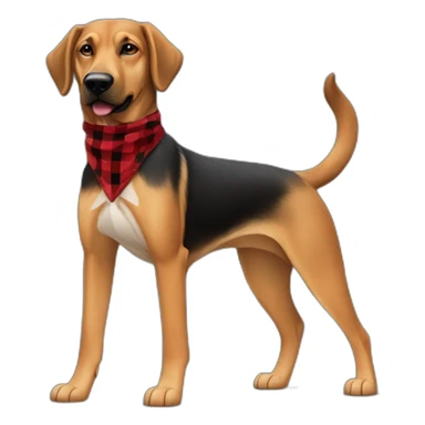 adult 75% Coonhound 25% German Shepherd mix dog with visible tail wearing small pointed red buffalo plaid bandana full body walking left quickly sticker