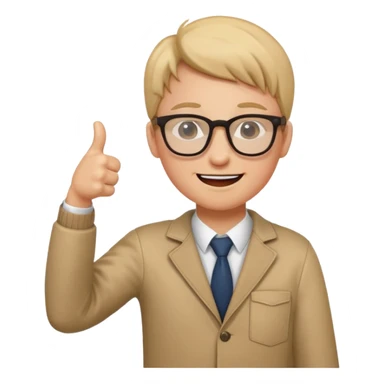 un estudiante que este parado con sus lentes guiñando el ojo y CON LAS MANOS HACIA ARRIBA DANDO LIKE sticker