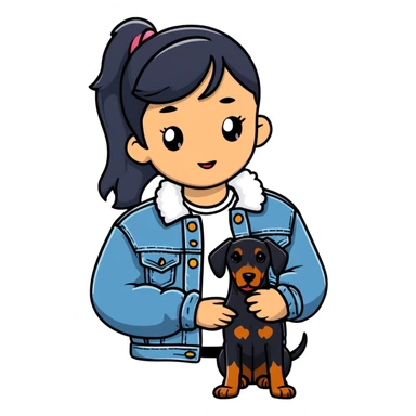 girl wearing denim jacket holding a Doberman sticker