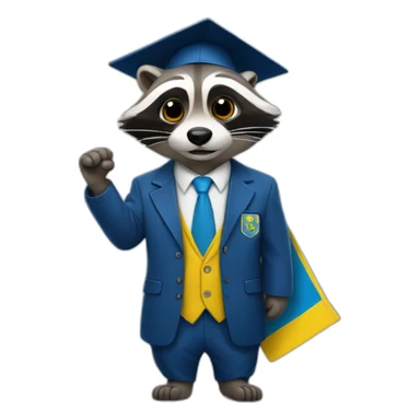 A raccoon student in a suit in the color of the Ukrainian flag in a square academic cap sticker