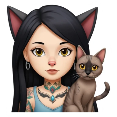 white girl with long black  straight hair and tattoos and  a German long eared cat with black nose sticker