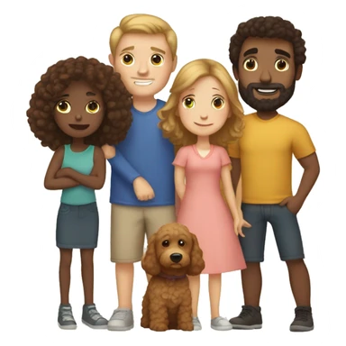 white mom and dad with brow hair, one little boy with brown hair, one girl wth brown hair, and a golden doodle sticker