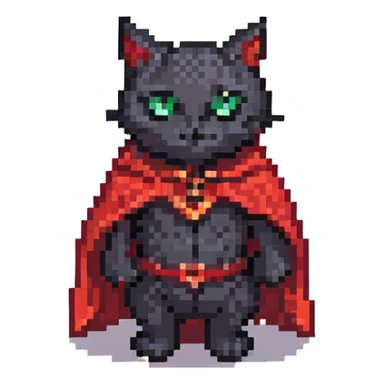 black cat with devil horns and a cape, pixel art style sticker