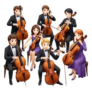 Icon for Classical Music: chamber orchestra with 4-5 musicians playing string instruments (violins, violas, cellos) and a conductor leading the ensemble. The intimate, refined atmosphere. Transparent background. sticker