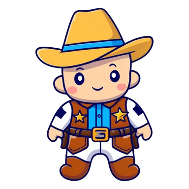 A cartoon stuffed baby cowboy toy with star-shaped patches and a little sheriff badge sticker