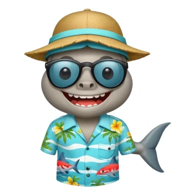 Tiburón de pie con camisa hawaiana, lentes negros, y una gorra al revés sticker