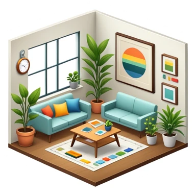 Icon for Interior Design: a modern room layout with furniture, plants, and decor items, with a color palette and design tools like a ruler and measuring tape. The icon should represent creativity, space planning, and aesthetic design. Transparent background. sticker