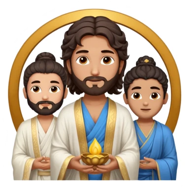 Create a Jesus - men long wavy dark-brown hair, short beard, wearing a simple white robe., Krishna- men blue skin with dark curled hair , and Buddha standing together. Buddha: men warm golden or light tan skin, dark curled hair with a traditional top bun (ushnisha)

 sticker