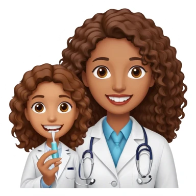 odontologa con bata, la mujer es crespa con el cabello café largo, ojos cafés oscuros, con un modelo de dientes en la mano sticker