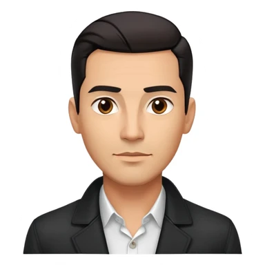 Attractive Hispanic TV host in his early 40s with light brown skin, short straight black hair slicked back with fade on sides, square handsome face with strong jawline, friendly approachable expression, wearing black jacket with white buttoned shirt underneath sticker