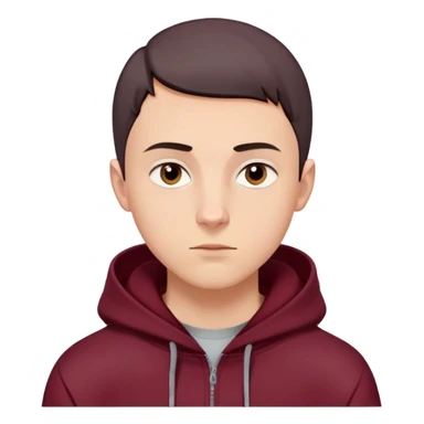 young white European male with short buzzcut dark hair, smooth clear skin, wearing a maroon hoodie with the hood up, oval-shaped face, defined jawline, high cheekbones, symmetrical features, sharp focused eyes, straight prominent eyebrows, calm neutral expression sticker