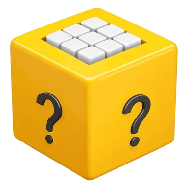  yellow cube shaped box stuffed with white question marker cubes sticker