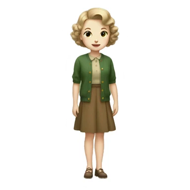 Very young girl with pale skin, light brown, short hair, a brown 1940s dress with an earthy green cardigan sticker