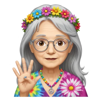 elderly woman with long grey hair, glasses, peace sign necklace, tie-dye clothing, flower crown sticker