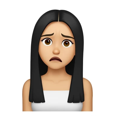 Make the girl look more confused, keeping the same style as the reference image. She has long black hair, brown eyes, and is wearing a white top. Maintain these features while adjusting her expression to appear more confused. sticker