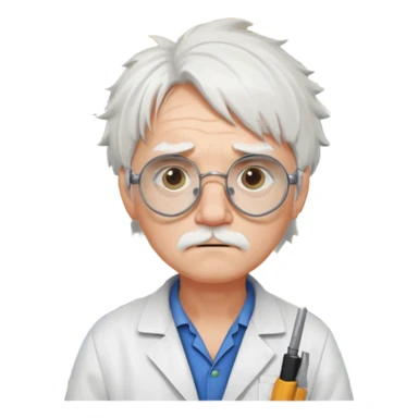 Portrait of an eccentric inventor with messy white hair, round goggles on forehead, sad face , wearing a slightly burnt lab coat, background of workshop with blueprints and tools sticker