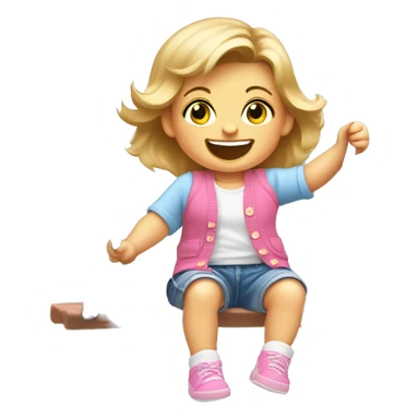 A white female baby aged 15months with browny blonde hair and blue eyes, wearing a pink Cardigan and denim shorts and blue shoes, on a swing in a park with a huge smile and smiling eyes sticker